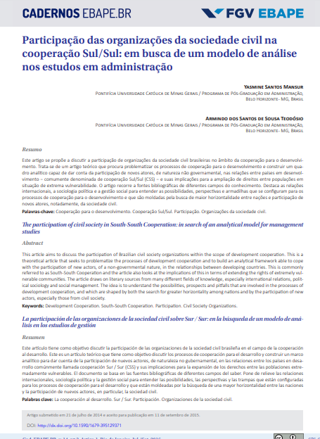 Participação das organizações da sociedade civil na cooperação Sul/Sul: em busca de um modelo de análise nos estudos em administração