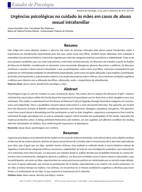 Urgências psicológicas no cuidado às mães em casos de abuso sexual intrafamiliar