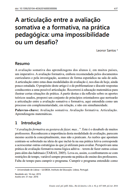 A articulação entre a avaliação somativa e a formativa, na prática pedagógica: uma impossibilidade ou um desafio?