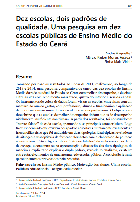 Dez escolas, dois padrões de qualidade. Uma pesquisa em dez escolas públicas de Ensino Médio do Estado do Ceará
