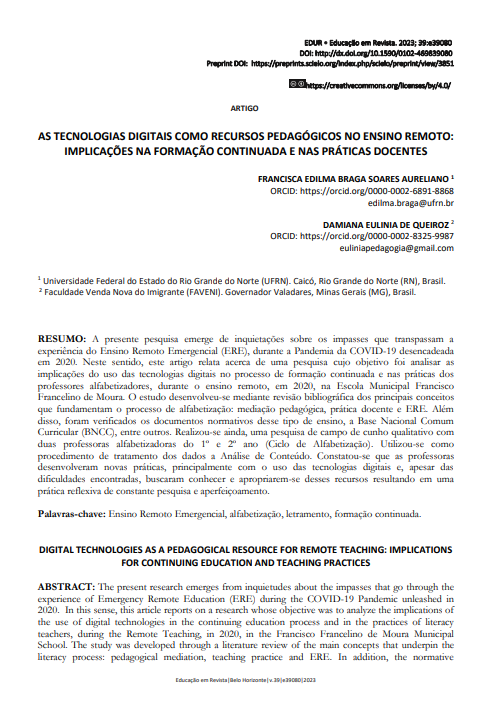 AS TECNOLOGIAS DIGITAIS COMO RECURSOS PEDAGÓGICOS NO ENSINO REMOTO: IMPLICAÇÕES NA FORMAÇÃO CONTINUADA E NAS PRÁTICAS DOCENTES