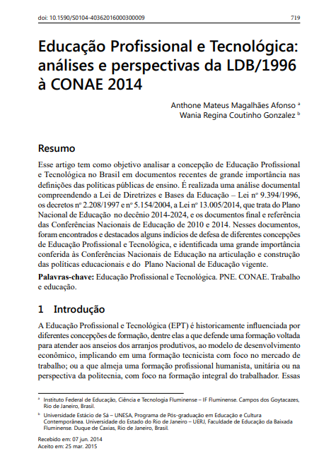 Educação Profissional e Tecnológica: análises e perspectivas da LDB/1996 à CONAE 2014