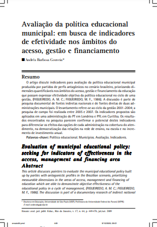 Avaliação da política educacional municipal: em busca de indicadores de efetividade nos âmbitos do acesso, gestão e financiamento