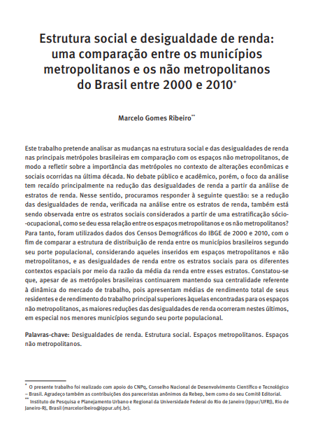 Estrutura social e desigualdade de renda: uma comparação entre os municípios metropolitanos e os não metropolitanos do Brasil entre 2000 e 2010