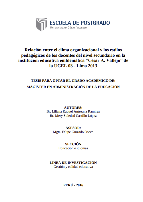 Relación entre el clima organizacional y los estilos pedagógicos de los docentes del nivel secundario