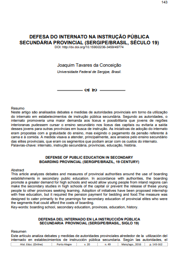 DEFESA DO INTERNATO NA INSTRUÇÃO PÚBLICA SECUNDÁRIA PROVINCIAL (SERGIPE/BRASIL, SÉCULO 19)
