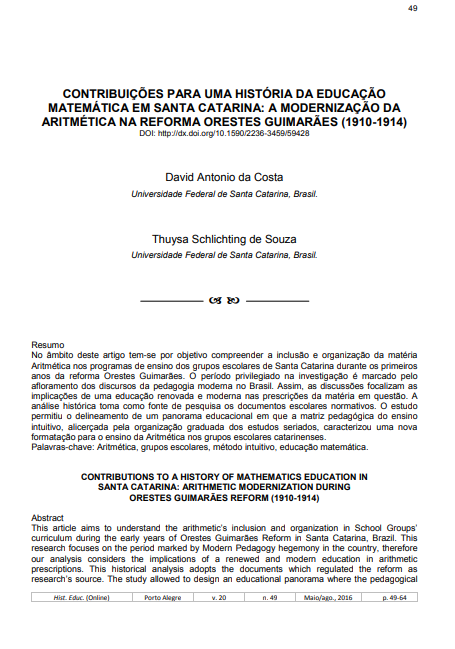 CONTRIBUIÇÕES PARA UMA HISTÓRIA DA EDUCAÇÃO MATEMÁTICA EM SANTA CATARINA: A MODERNIZAÇÃO DA ARITMÉTICA NA REFORMA ORESTES GUIMARÃES (1910-1914)