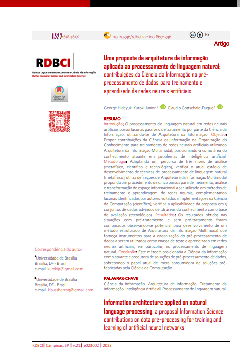 Uma proposta de arquitetura da informação aplicada ao processamento de linguagem natural: contribuições da Ciência da Informação no pré-processamento de dados para treinamento e aprendizado de redes neurais artificiais