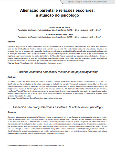 Alienação parental e relações escolares: a atuação do psicólogo