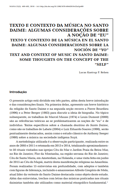 TEXTO E CONTEXTO DA MÚSICA NO SANTO DAIME: ALGUMAS CONSIDERAÇÕES SOBRE A NOÇÃO DE &quot;EU&quot;