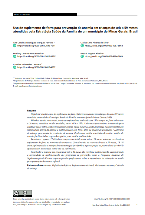 Use of iron supplement to prevent anemia in children aged six to 59 months attended at the Family Health Strategy (ESF) units in a city in Minas Gerais, Brazil