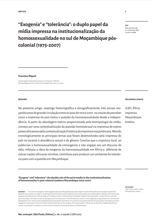 “Exogenia” e “tolerância”: o duplo papel da mídia impressa na institucionalização da homossexualidade no sul de Moçambique pós-colonial (1975-2007)