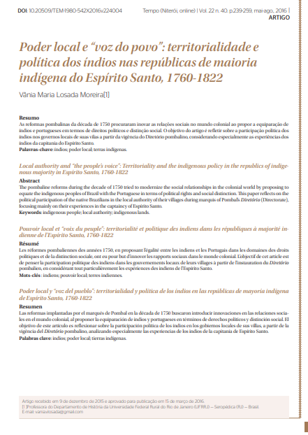 Poder local e “voz do povo”: territorialidade e política dos índios nas repúblicas de maioria indígena do Espírito Santo, 1760-1822