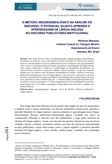 O MÉTODO ARQUEGENEALÓGICO NA ANÁLISE DO DISCURSO: O POTENCIAL SUJEITO APRENDIZ E APRENDIZAGEM DE LÍNGUA INGLESA NO DISCURSO PUBLICITÁRIO-INSTITUCIONAL