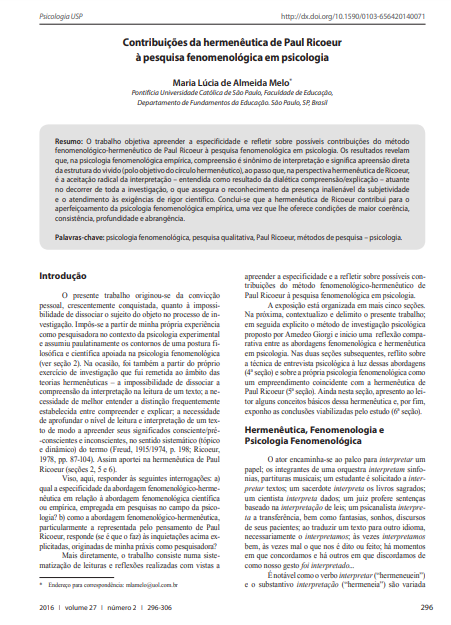 Contribuições da hermenêutica de Paul Ricoeur à pesquisa fenomenológica em psicologia