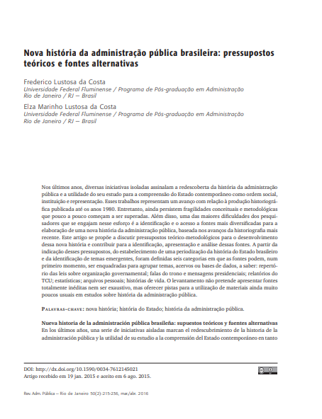 Nova história da administração pública brasileira: pressupostos teóricos e fontes alternativas