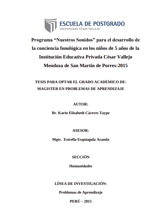 Programa &quot;Nuestros Sonidos&quot; para el desarrollo de la conciencia fonológica en los niños de 5 años