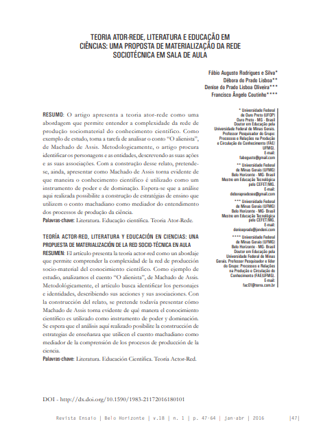 TEORIA ATOR-REDE, LITERATURA E EDUCAÇÃO EM CIÊNCIAS: UMA PROPOSTA DE MATERIALIZAÇÃO DA REDE SOCIOTÉCNICA EM SALA DE AULA