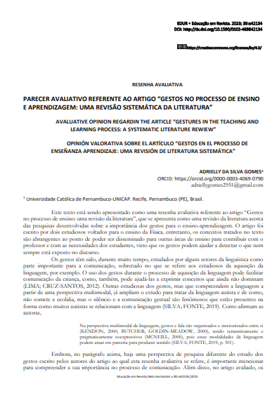 PARECER AVALIATIVO REFERENTE AO ARTIGO “GESTOS NO PROCESSO DE ENSINO E APRENDIZAGEM: UMA REVISÃO SISTEMÁTICA DA LITERATURA”