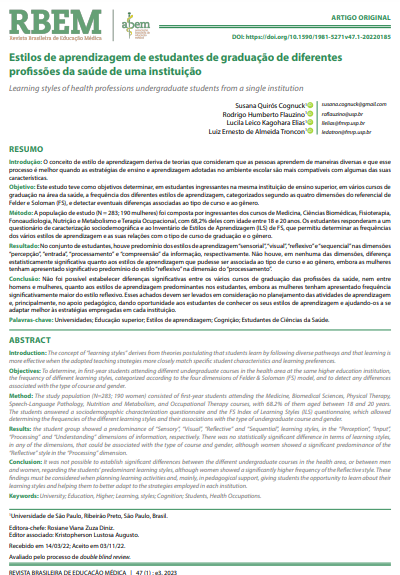 Estilos de aprendizagem de estudantes de graduação de diferentes profissões da saúde de uma instituição
