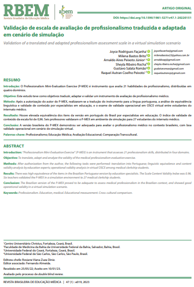 Validação de escala de avaliação de profissionalismo traduzida e adaptada em cenário de simulação