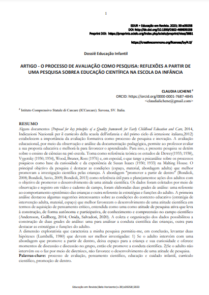 ARTIGO - O PROCESSO DE AVALIAÇÃO COMO PESQUISA: REFLEXÕES A PARTIR DE UMA PESQUISA SOBRE A EDUCAÇÃO CIENTÍFICA NA ESCOLA DA INFÂNCIA