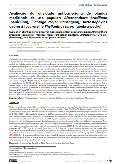 Avaliação da atividade antibacteriana de plantas medicinais de uso popular: Alternanthera brasiliana (penicilina), Plantago major (tansagem), Arctostaphylos uva-ursi (uva-ursi) e Phyllanthus niruri (quebra-pedra)