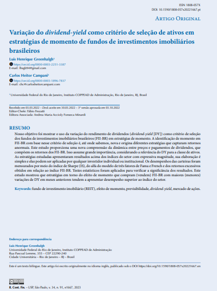 Dividend-yield variation as an asset selection criterion in momentum strategies of Brazilian real estate investment trusts