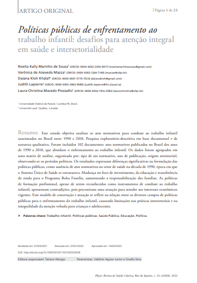 Políticas públicas de enfrentamento ao trabalho infantil: desafios para atenção integral em saúde e intersetorialidade