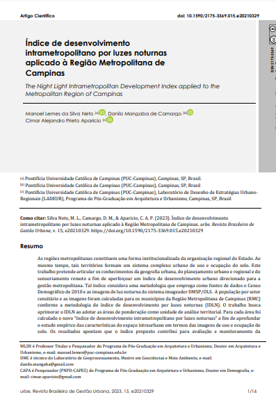 Índice de desenvolvimento intrametropolitano por luzes noturnas aplicado à Região Metropolitana de Campinas