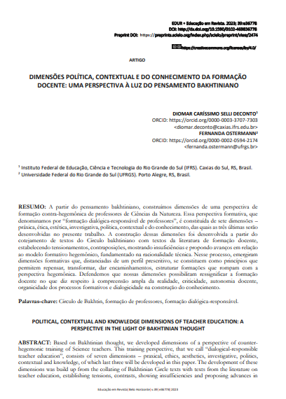 DIMENSÕES POLÍTICA, CONTEXTUAL E DO CONHECIMENTO DA FORMAÇÃO DOCENTE: UMA PERSPECTIVA À LUZ DO PENSAMENTO BAKHTINIANO