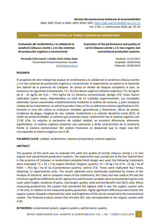 Evaluación del rendimiento y la calidad de la zanahoria (Daucus carota l.) en dos sistemas de producción orgánico