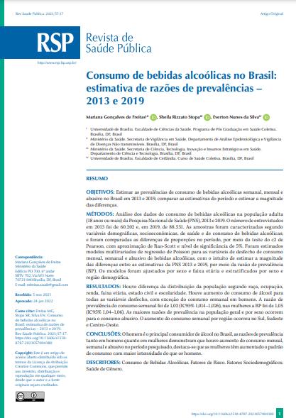 Consumption of alcoholic beverages in Brazil: estimation of prevalence ratios – 2013 and 2019