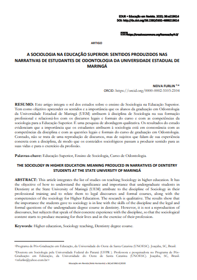 A SOCIOLOGIA NA EDUCAÇÃO SUPERIOR: SENTIDOS PRODUZIDOS NAS NARRATIVAS DE ESTUDANTES DE ODONTOLOGIA DA UNIVERSIDADE ESTADUAL DE MARINGÁ