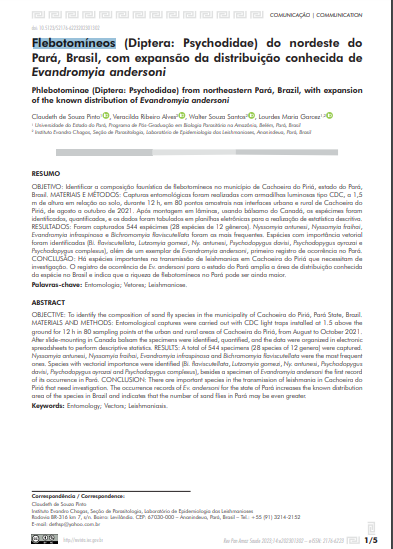 Flebotomíneos (Diptera: Psychodidae) do nordeste do Pará, Brasil, com expansão da distribuição conhecida de Evandromyia andersoni