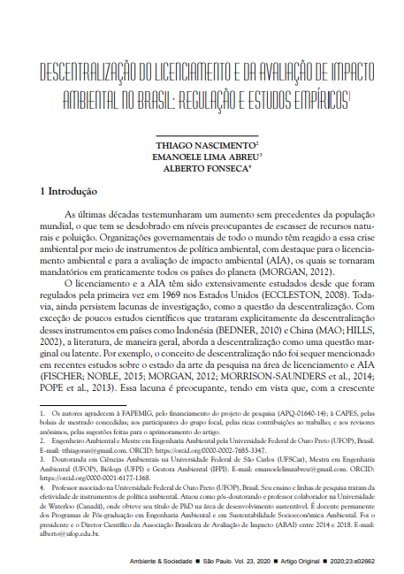 DECENTRALIZATION OF ENVIRONMENTAL LICENSING AND IMPACT ASSESSMENT IN BRAZIL: LITERATURE AND REGULATORY REVIEWS