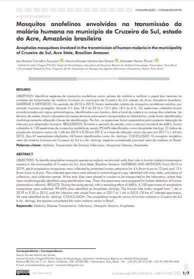 Mosquitos anofelinos envolvidos na transmissão da malária humana no município de Cruzeiro do Sul, estado do Acre, Amazônia brasileira