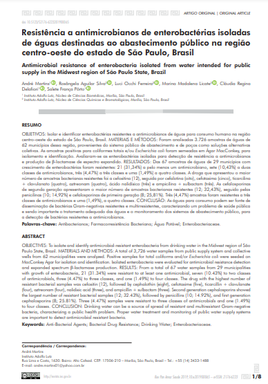 Resistência a antimicrobianos de enterobactérias isoladas de águas destinadas ao abastecimento público na região centro-oeste do estado de São Paulo, Brasil