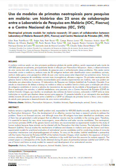 Uso de modelos de primatas neotropicais para pesquisa em malária: um histórico dos 25 anos de colaboração entre o Laboratório de Pesquisa em Malária (IOC, Fiocruz) e o Centro Nacional de Primatas (IEC, SVS)