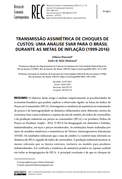 TRANSMISSÃO ASSIMÉTRICA DE CHOQUES DE CUSTOS: UMA ANÁLISE SVAR PARA O BRASIL DURANTE AS METAS DE INFLAÇÃO (1999-2016)
