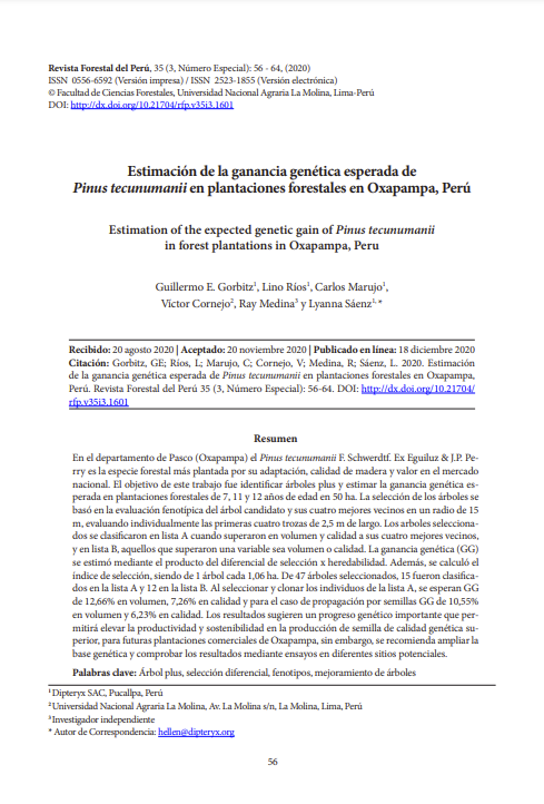 Estimación de la ganancia genética esperada de Pinus tecunumanii en plantaciones forestales en Oxapampa, Perú