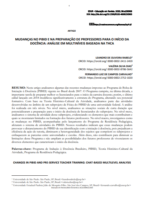 MUDANÇAS NO PIBID E NA PREPARAÇÃO DE PROFESSORES PARA O INÍCIO DA DOCÊNCIA: ANÁLISE EM MULTINÍVEIS BASEADA NA THCA