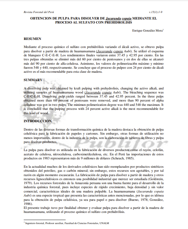 OBTENCION DE PULPA PARA DISOLVER DE Jacaranda copaia MEDIANTE EL PROCESO AL SULFATO CON PREHIDROLISIS