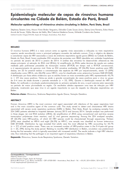 Epidemiologia molecular de cepas de rinovírus humano circulantes na Cidade de Belém, Estado do Pará, Brasil