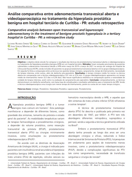 Comparative analysis between open transvesical and laparoscopic adenomectomy in the treatment of benigne prostatic hyperplasia in a tertiary hospital in Curitiba-PR: a retrospective study