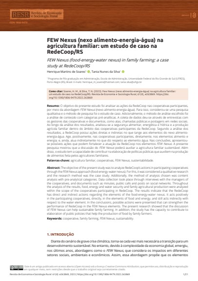 FEW Nexus (nexo alimento-energia-água) na agricultura familiar: um estudo de caso na RedeCoop/RS