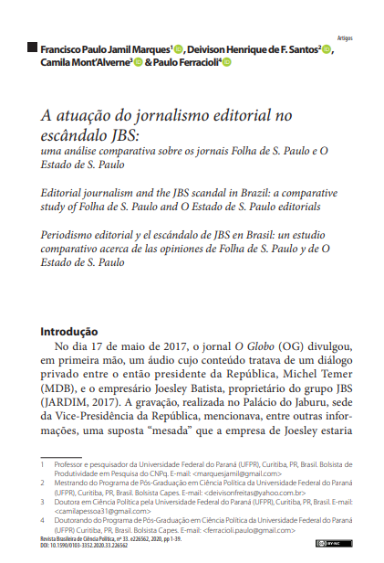 A atuação do jornalismo editorial no escândalo JBS: uma análise comparativa sobre os jornais Folha de S. Paulo e O Estado de S. Paulo