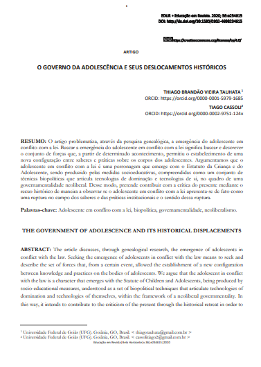O GOVERNO DA ADOLESCÊNCIA E SEUS DESLOCAMENTOS HISTÓRICOS