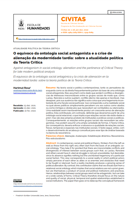 O equívoco da ontologia social antagonista e a crise de alienação da modernidade tardia: sobre a atualidade política da Teoria Crítica