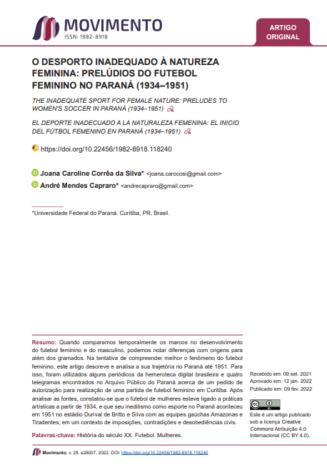 O DESPORTO INADEQUADO À NATUREZA FEMININA: Prelúdios do Futebol feminino no Paraná (1934-1951)